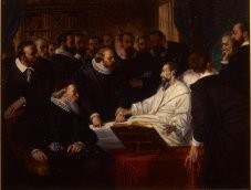 E.Deveria.Les adieux de Calvin aux 4 syndics de Geneve, huile vers 1850.musee Noyon.jpg